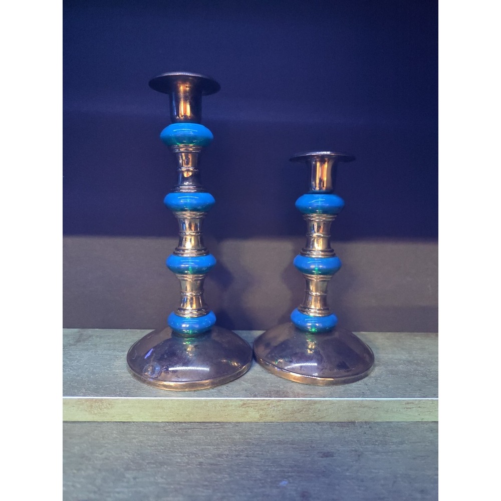 Pair of VTG Mercury Glass Candlesticks with Green Glass Accents - Glows Blue
